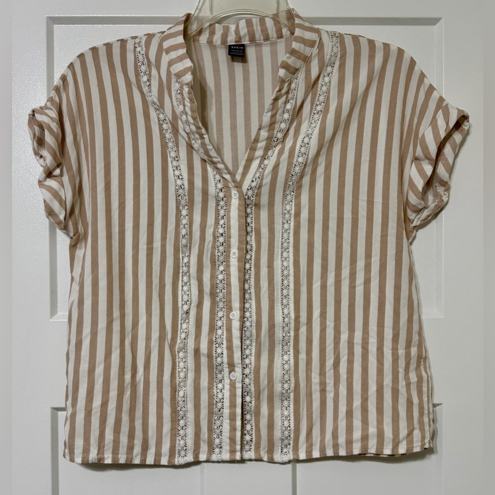 925: SHEIN Tan and White Striped Button Down Shirt - Large